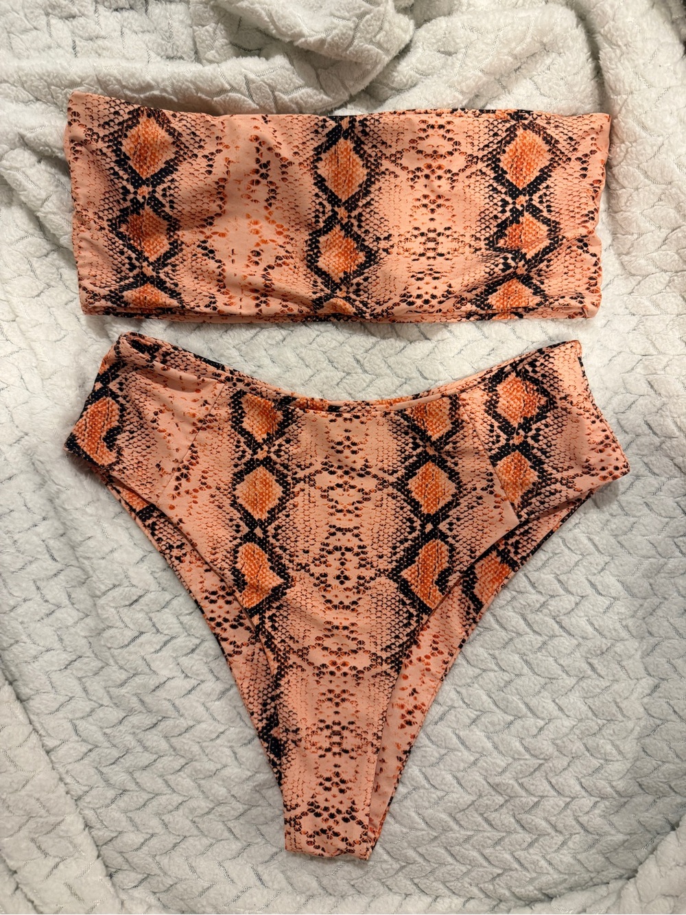 High-Waist Snake Print Bandeau Bikini - Peach Orange